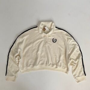 PINK Victoria's Secret Sweater Fleece Cropped Oversize Ivory w/ Stripe Logo Nwt